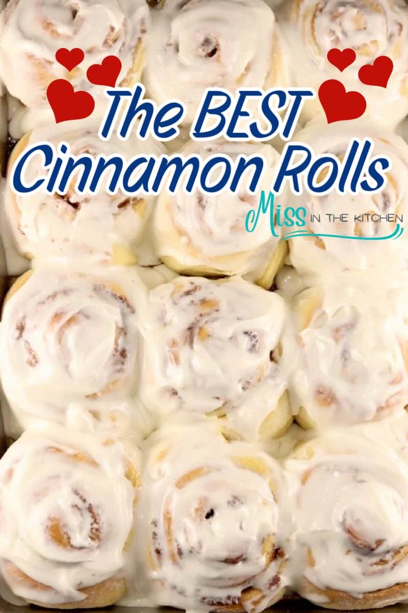 Pan of homemade cinnamon rolls with text overlay.