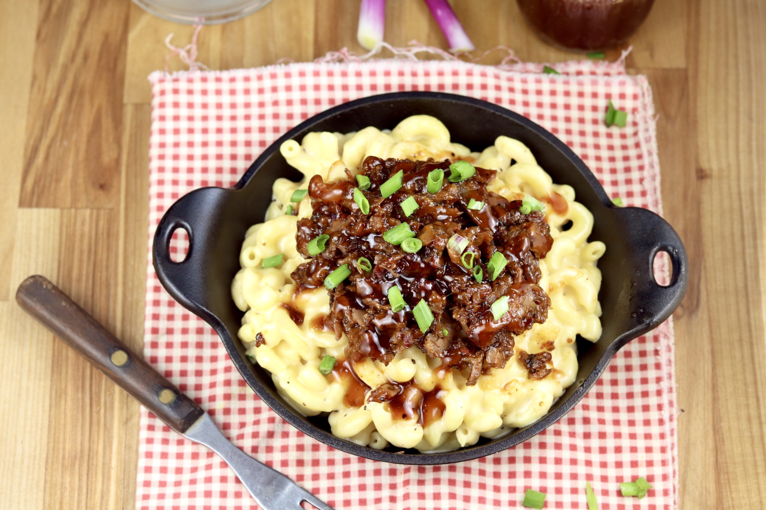 Brisket Mac & Cheese in a cast iron mini skillet
