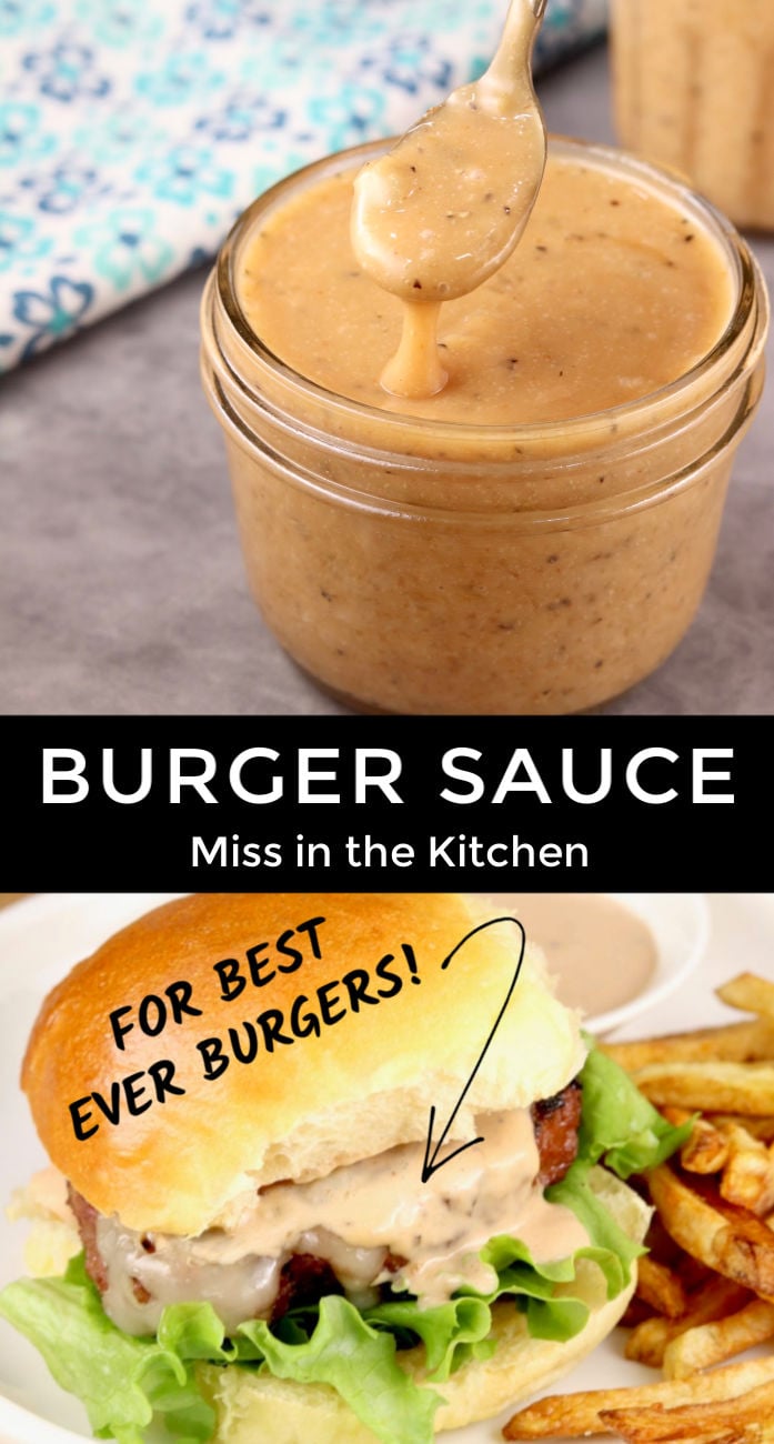 Burger Sauce in a jar over photo of burger with sauce collage