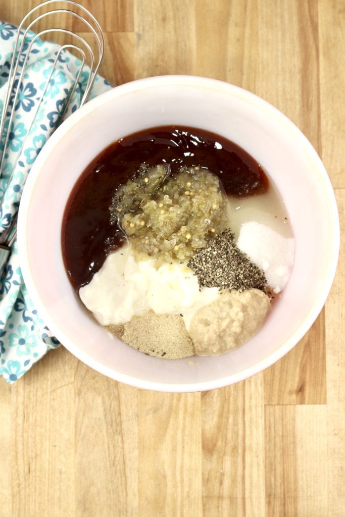 Ingredients for Burger Sauce in a bowl: Mayo, Barbecue Sauce, Pickle Relish, Horseradish and seasonings