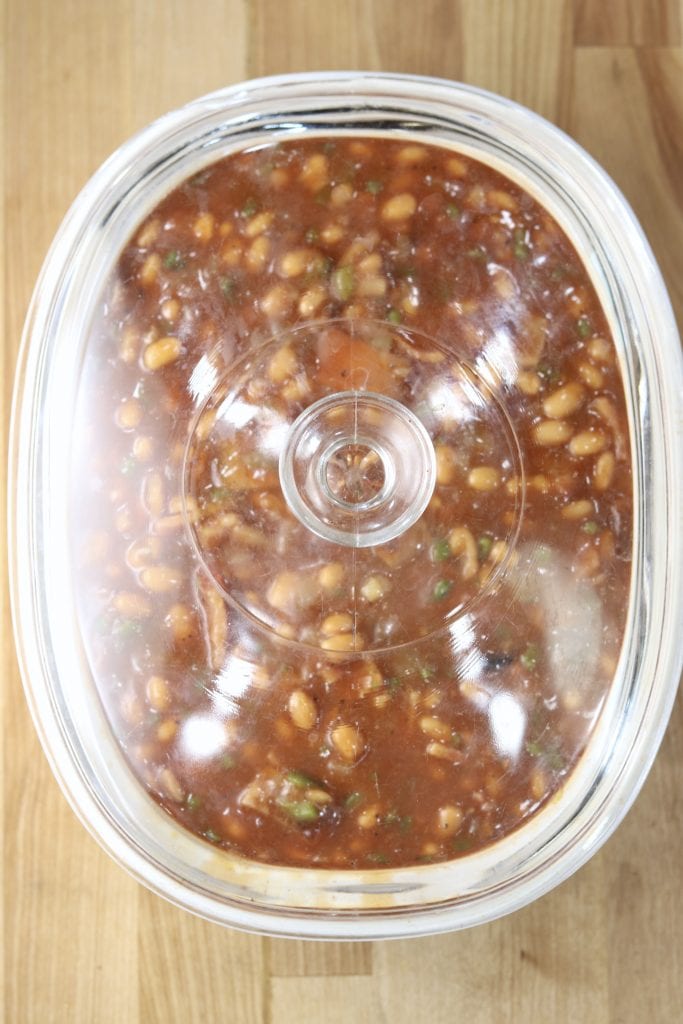 Covered casserole with baked beans