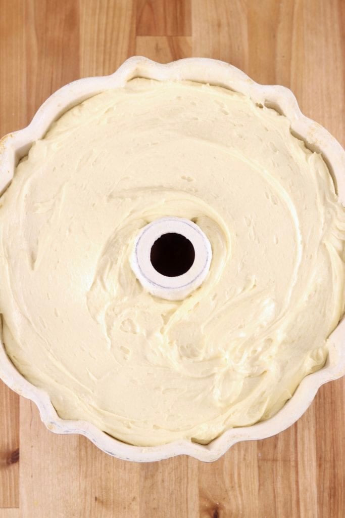 Bundt pan filled with pound cake batter