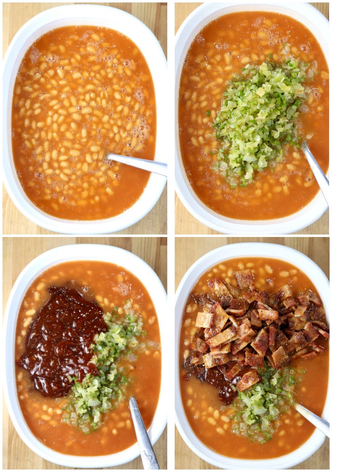 photo collage making baked beans with peppers, onions, barbecue sauce and bacon