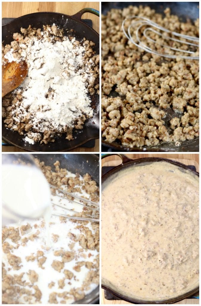Making sausage gravy with breakfast sausage and milk 