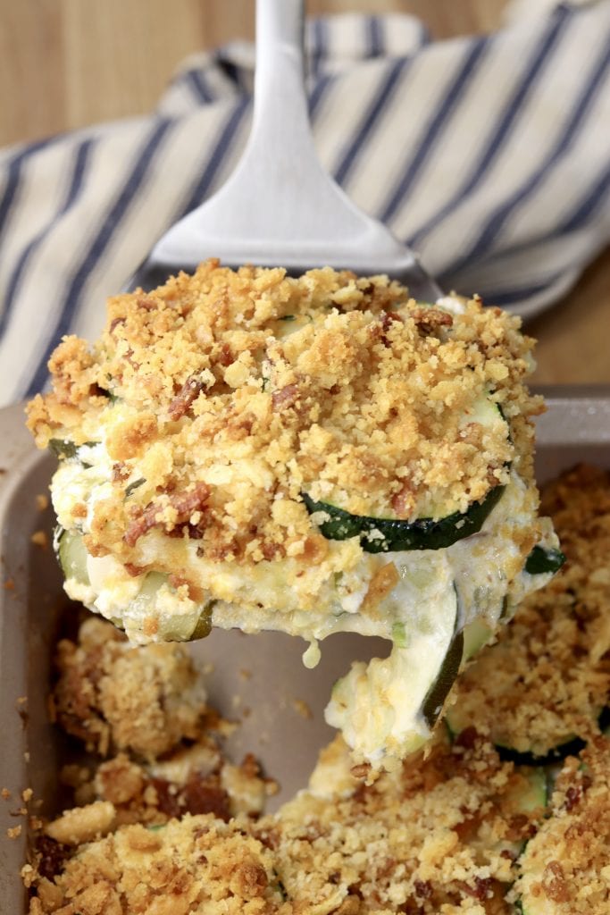 Jalapeno Popper Zucchini Casserole on a spatula