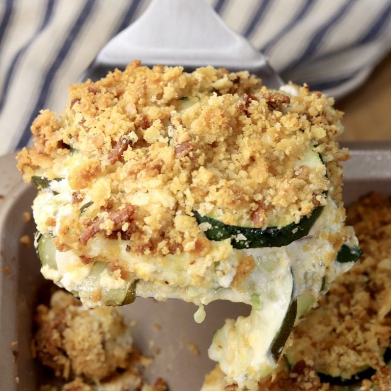 Jalapeno Popper Zucchini Casserole on a spatula