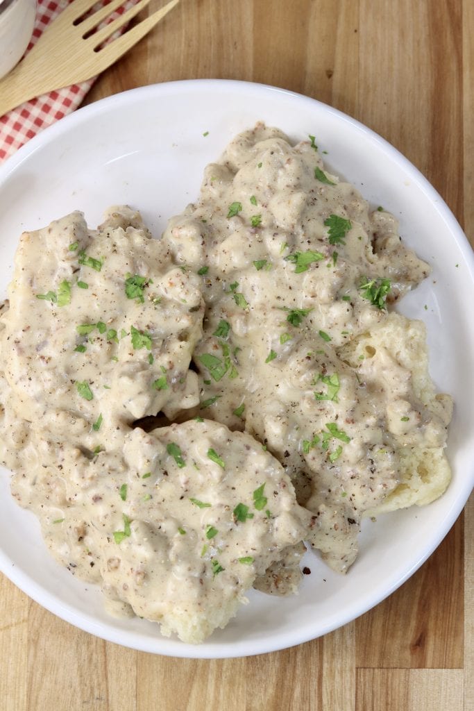 Plate of biscuits and sausage gravy