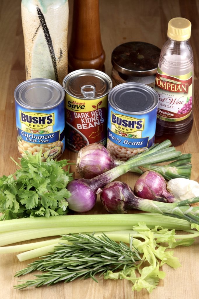 Ingredients for 3 Bean Salad with celery, onion and vinegar dressing