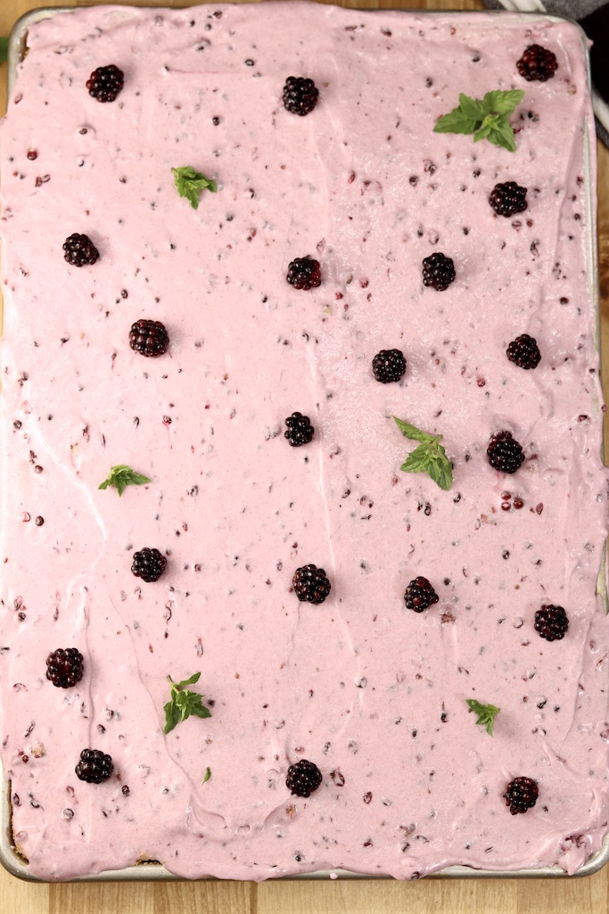 Blackberry Sheet Cake with fresh mint and blackberry garnish