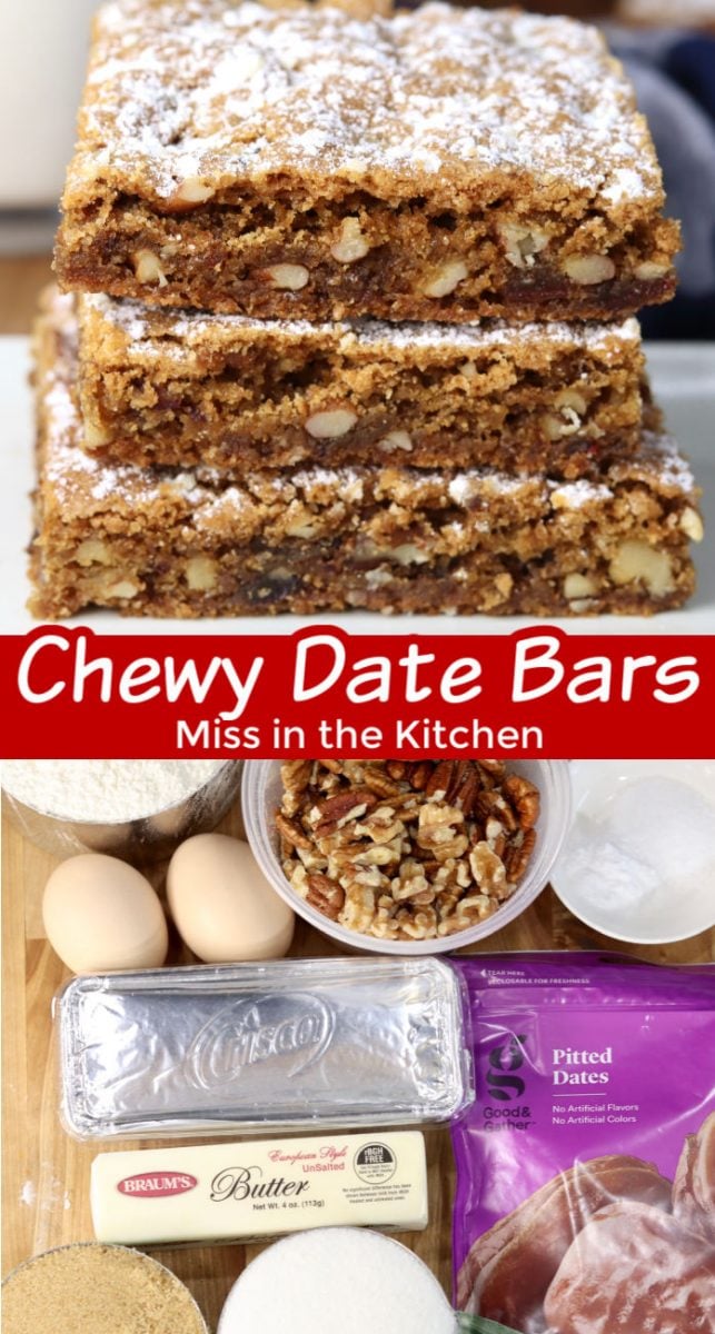 Collage of chewy date nut bars with ingredients photo