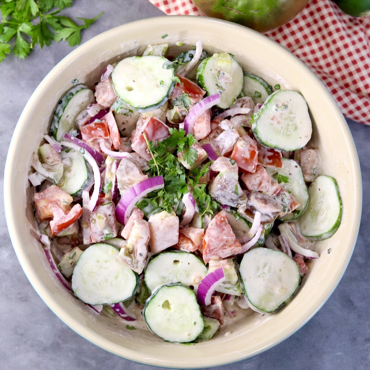 Creamy Cucumber Tomato Salad with herbs