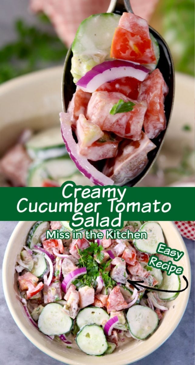 Collage spoon of cucumber tomato salad and bowl photo