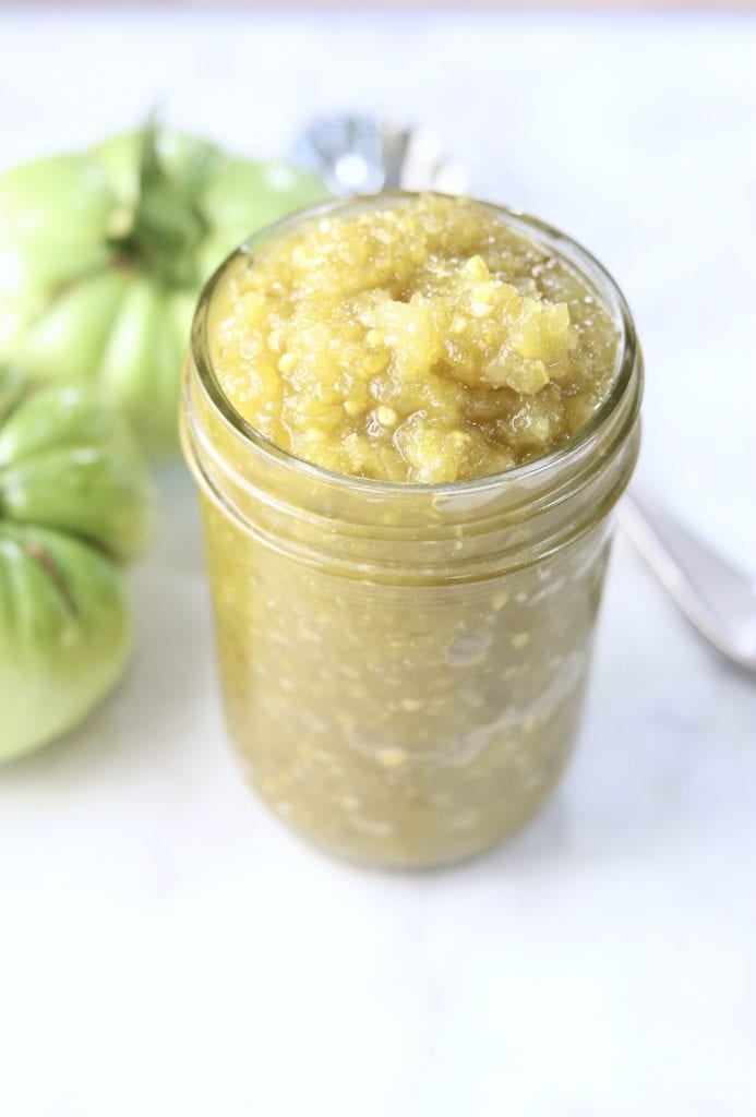 Jar of green tomato salsa