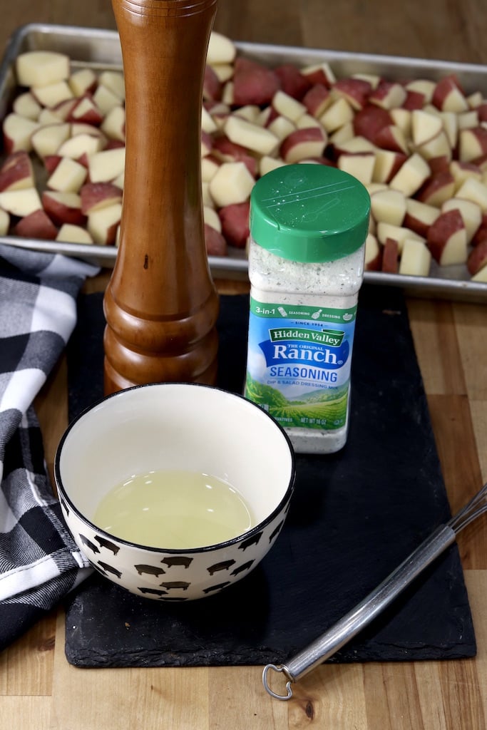 Ingredients for Ranch Roasted Potatoes - potatoes, vegetable oil, ranch dressing mix, pepper