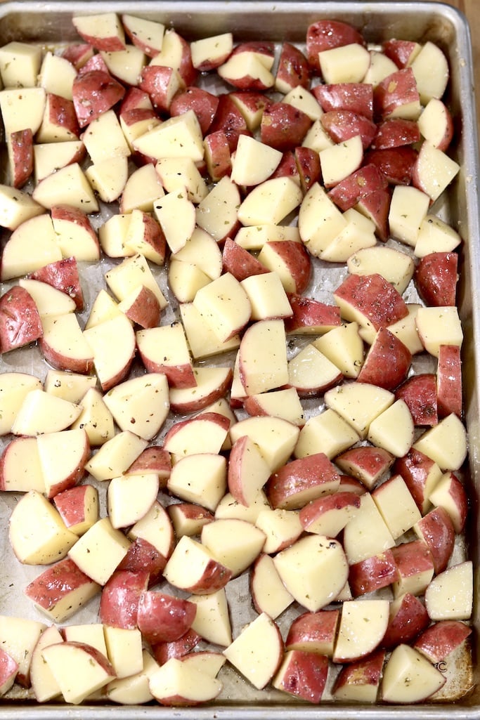 Sheet pan of potato chunks