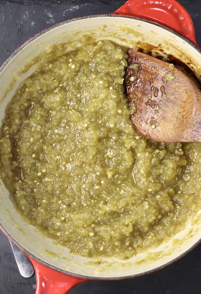 Saucepan of green salsa
