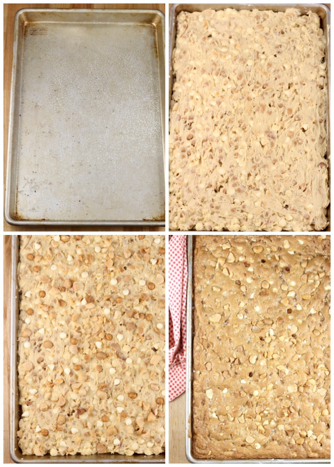 How to make cookie bars collage - greased pan, spread into pan, topped with more nuts, chips and caramel, and baked