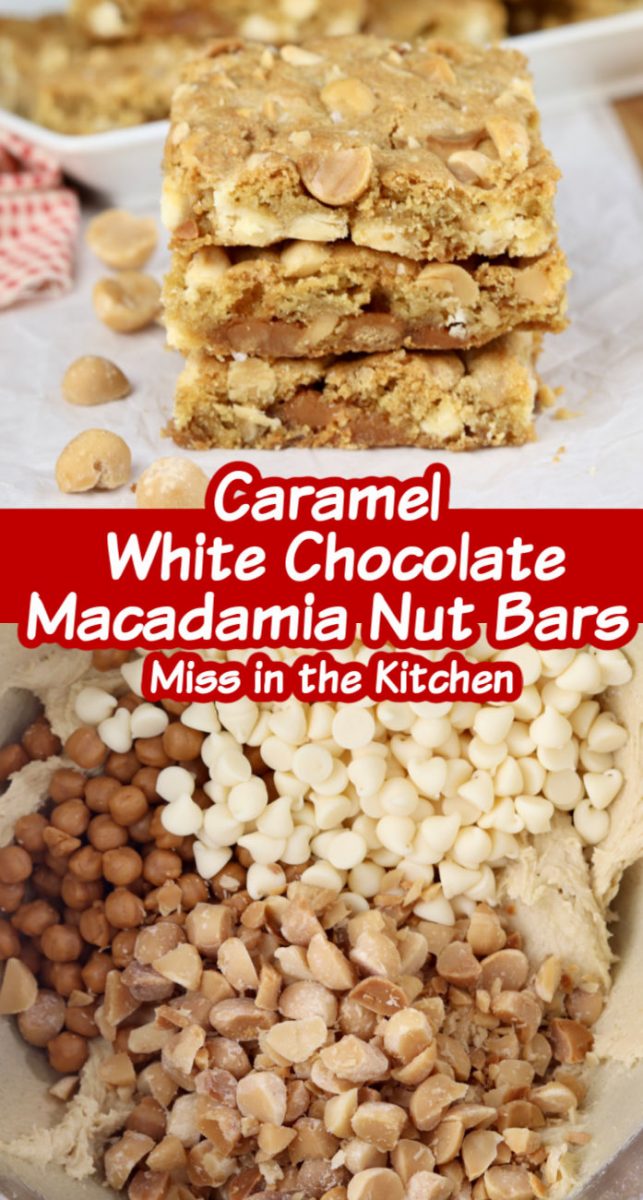 Collage - stack of white chocolate cookie bars over bowl with nuts, chips and caramel bits with text overlay in the middle of title