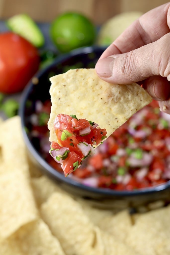 Easy Pico de Gallo with tortilla chips dipping