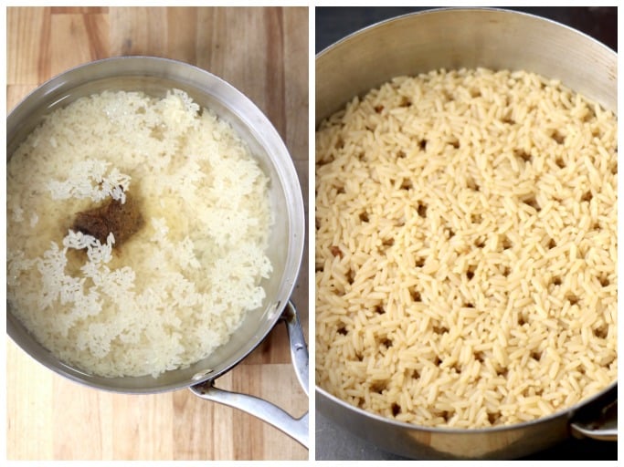how to cook rice collage - rice, water beef base. Next photo cooked rice in the pan