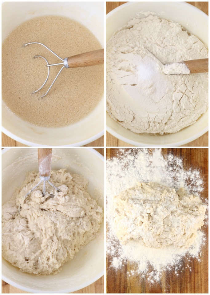step by step making Amish white bread, bowl mixing yeast with water and sugar, adding flour, mixing, on a floured board for kneading