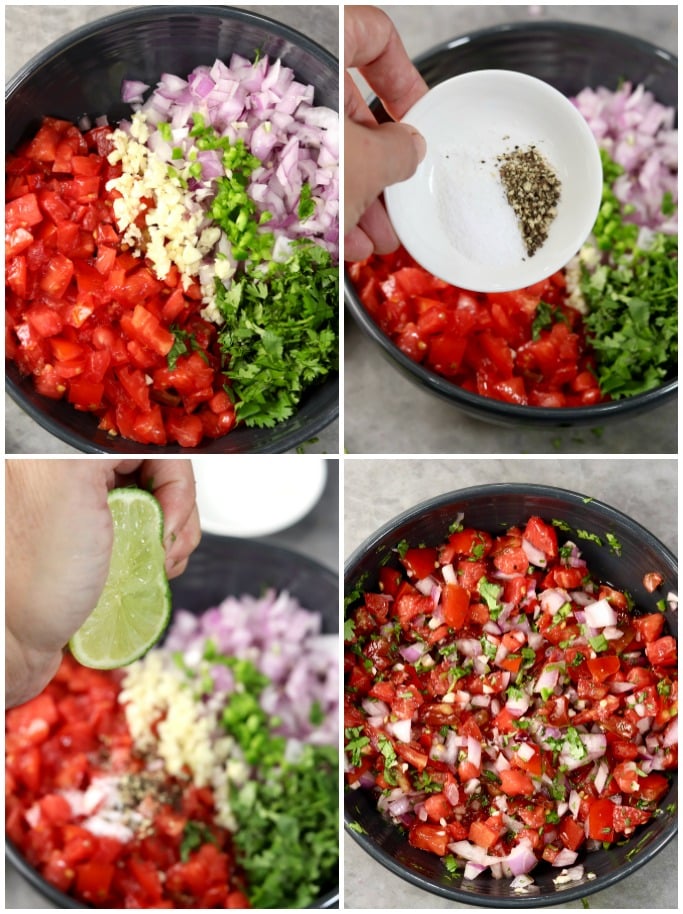 collage of making pico de gallo, combining ingredients, adding salt and pepper, squeezing lime juice and mixed together