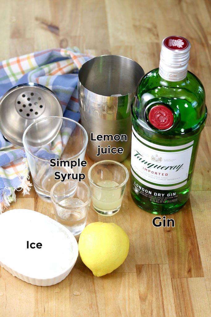 Ingredients for Gin Sour - Gin, lemon juice, simple syrup, ice