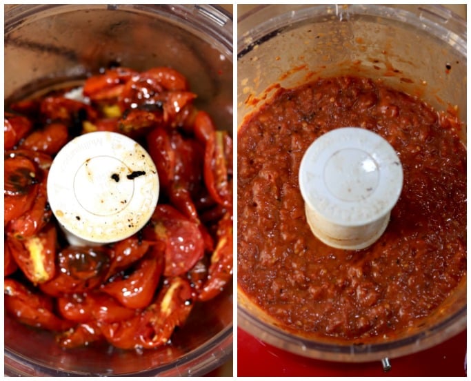 Collage of tomatoes in a food processor, roasted and then processed