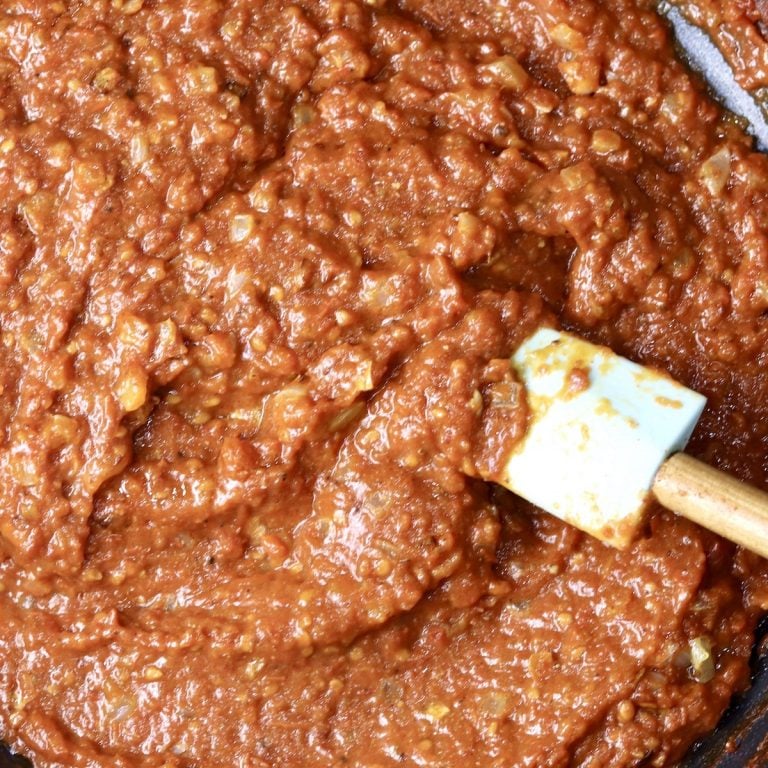 Marinara Sauce in a pan with a spatula