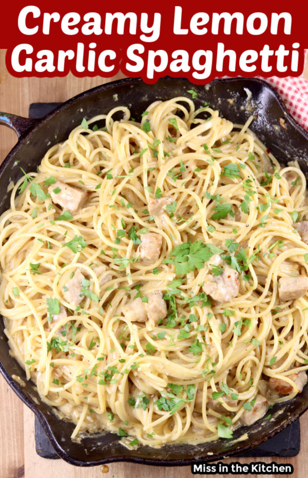 Creamy Lemon Garlic Spaghetti with text overlay