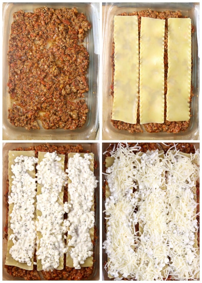 Collage layering sauce, pasta, cottage cheese, and shredded cheese