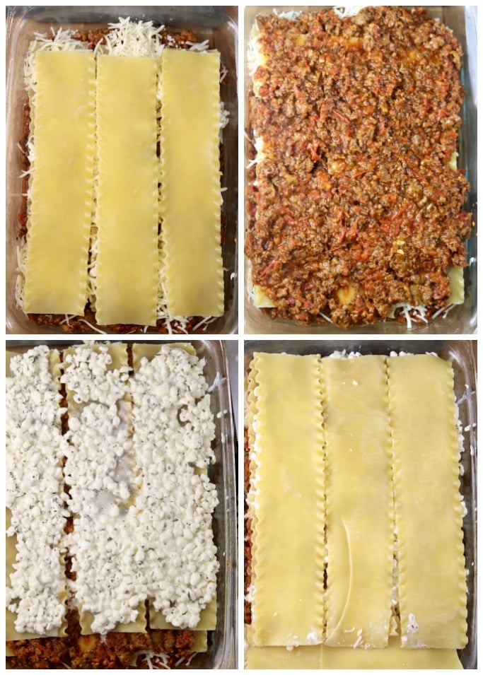 Collage of pasta, sauce, cheese layer, pasta for lasagna