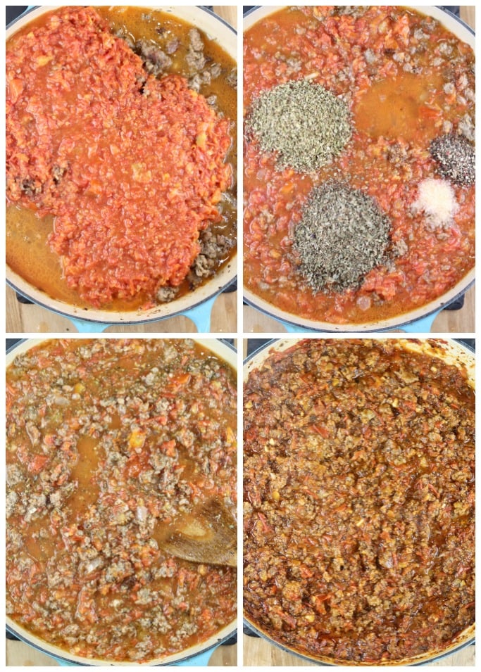 Making meat sauce with tomato, basil and oregano for baked lasagna