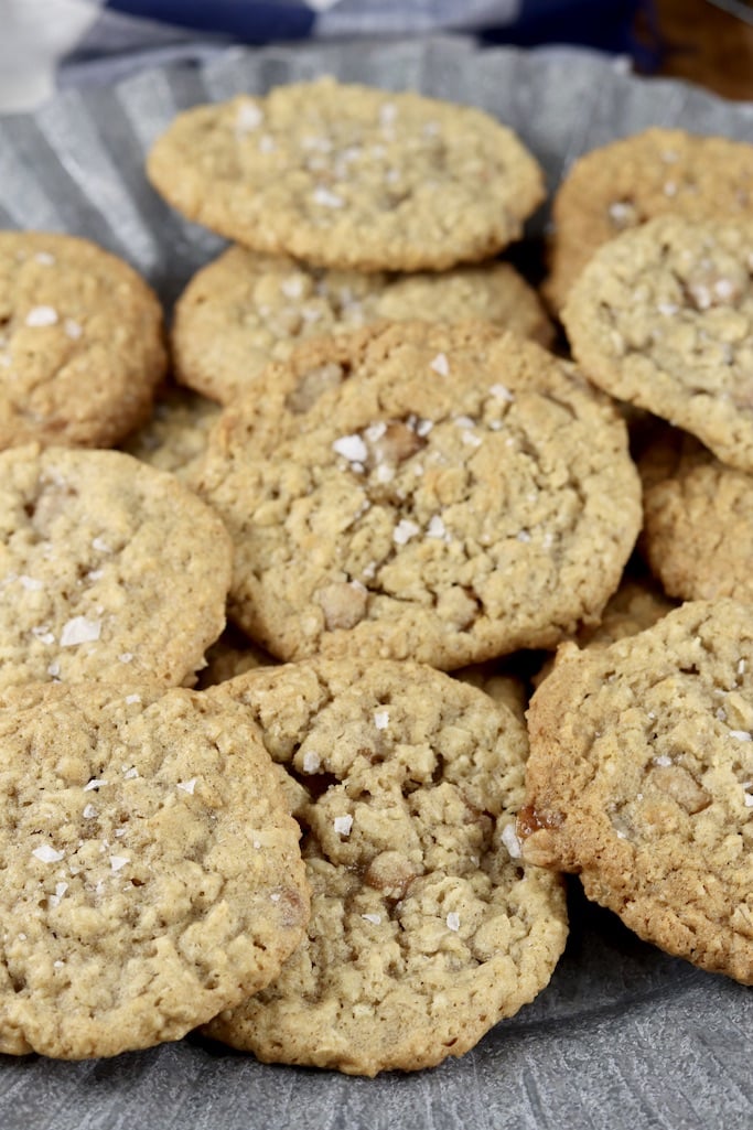 Platter of oatmeal cookies on a galvanized platter