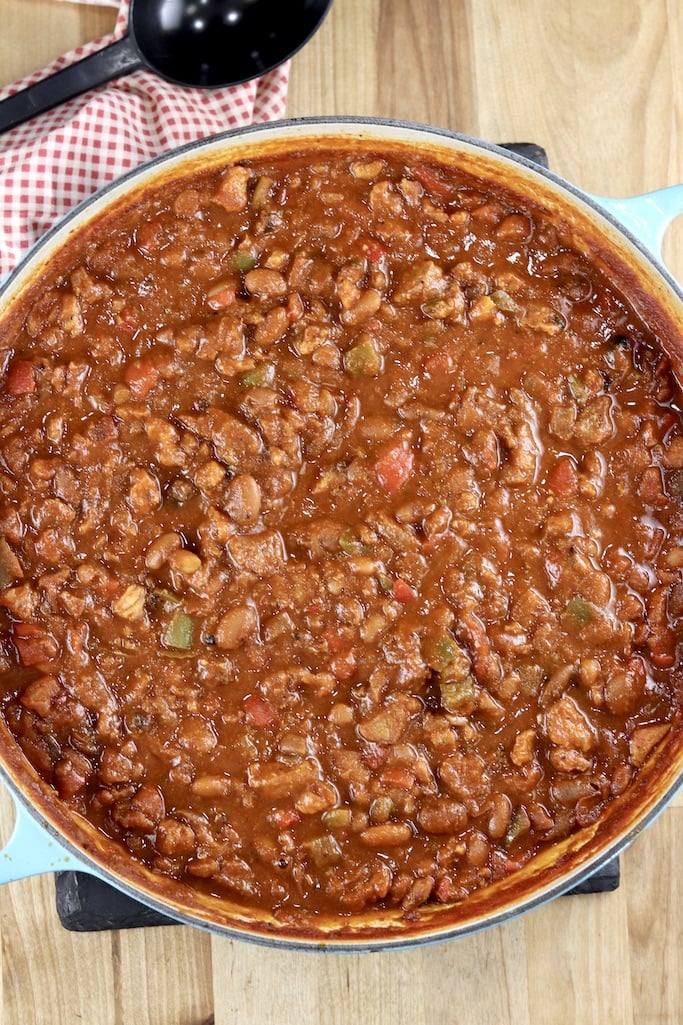 Smoked Pork Chili in a dutch oven, overhead view