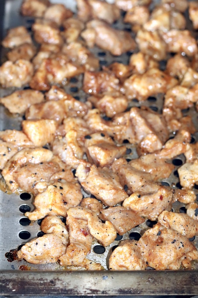 Smoked pork loin chunks on a grill pan