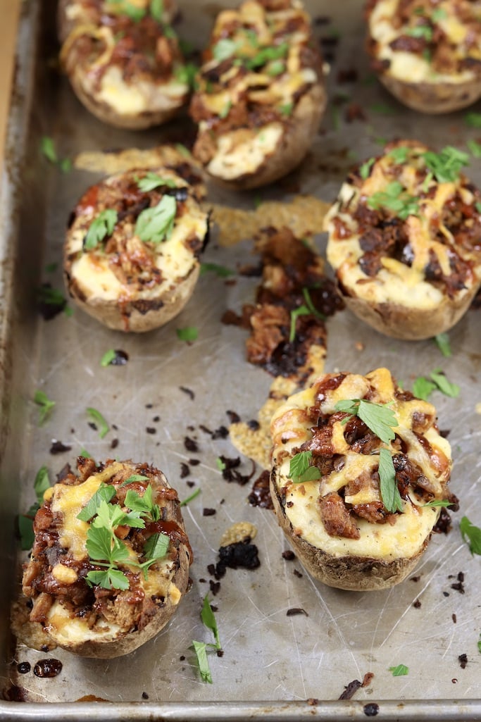 Sheet pan of pork stuffed twice baked potatoes