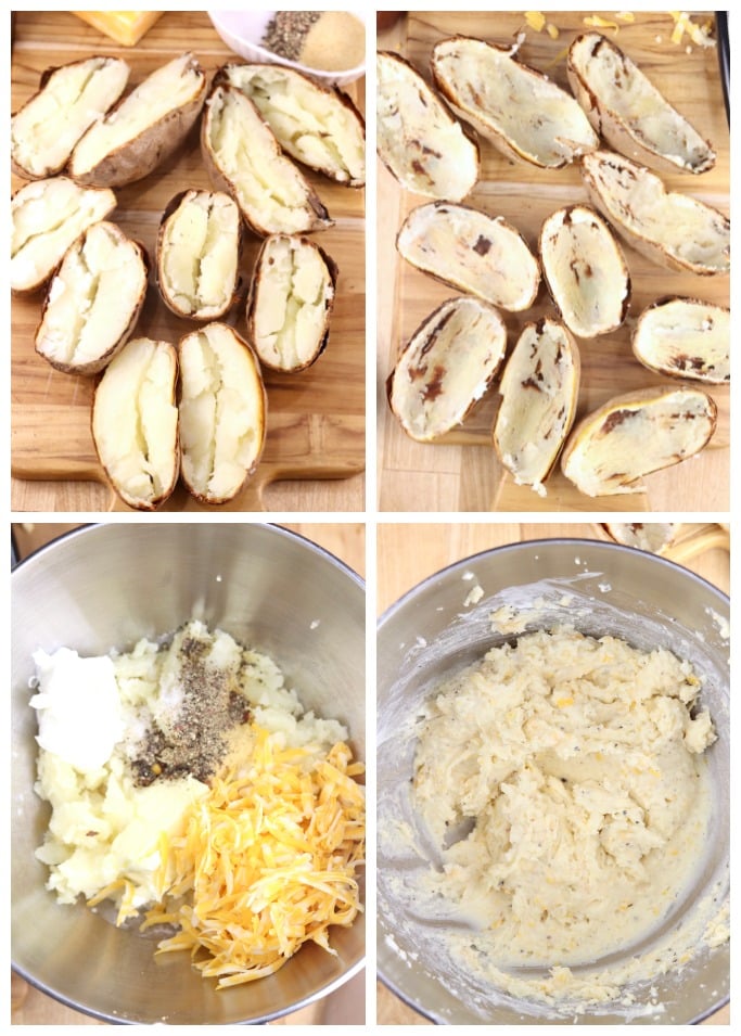 Step by step cutting baked potatoes and making filling for twice baked potatoes