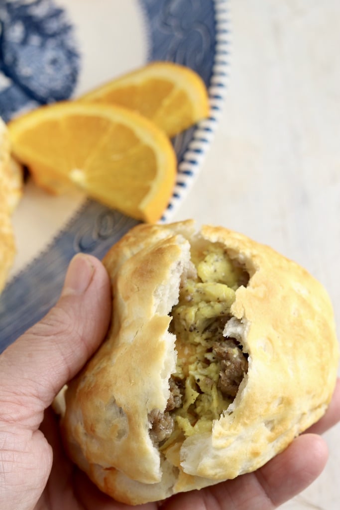 breakfast biscuit with sausage, eggs and cheese