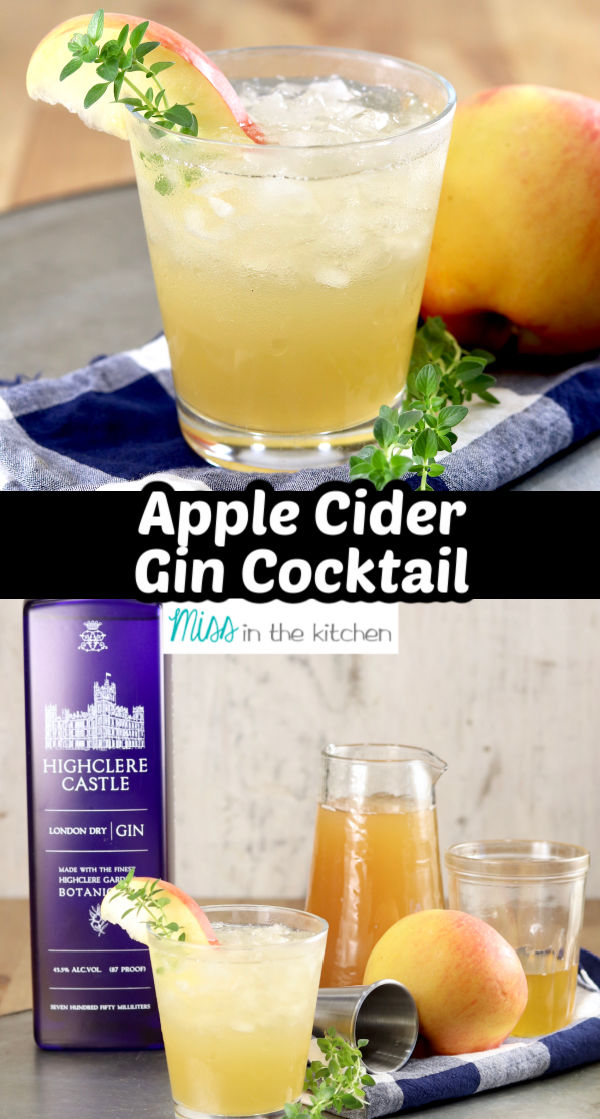 Apple cider gin cocktail - collage closeup of drink and drink with bottle of gin, cider and honey syrup with an apple and fresh thyme