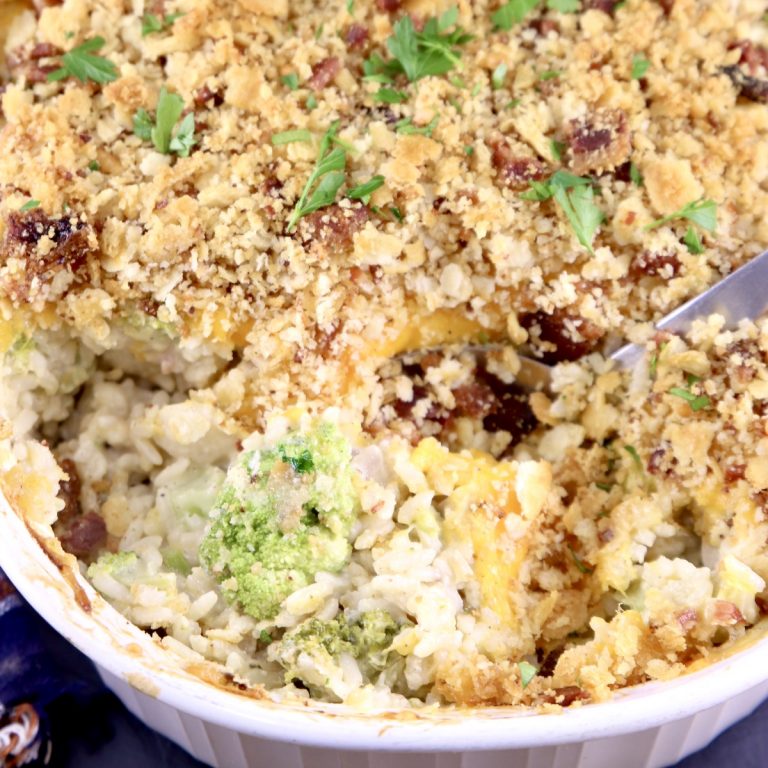 Chicken Broccoli Rice Casserole in a casserole dish
