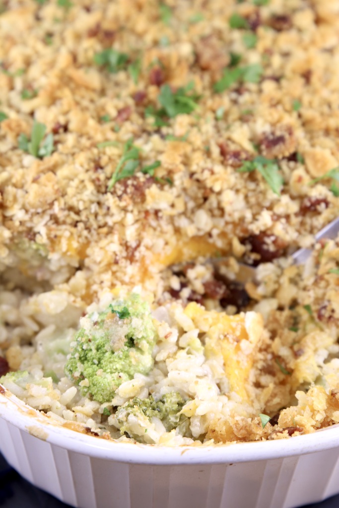 Casserole dish with chicken, broccoli rice casserole