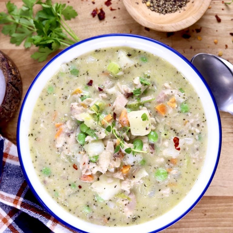 Chicken Pot Pie Soup overhead view of bowl