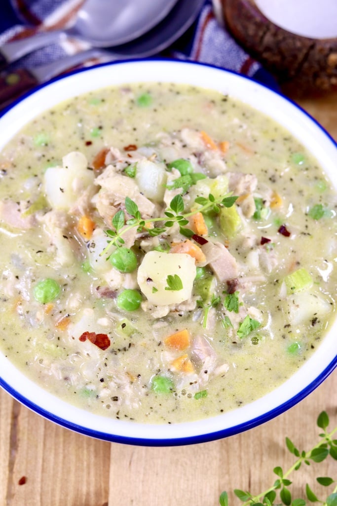 Chicken Pot Pie Soup in a bowl - closeup