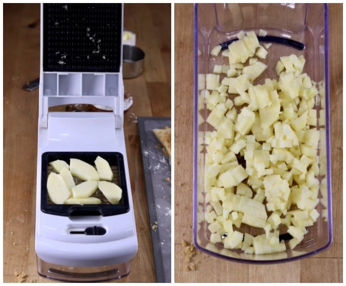 veggie chopper and closeup of diced apples