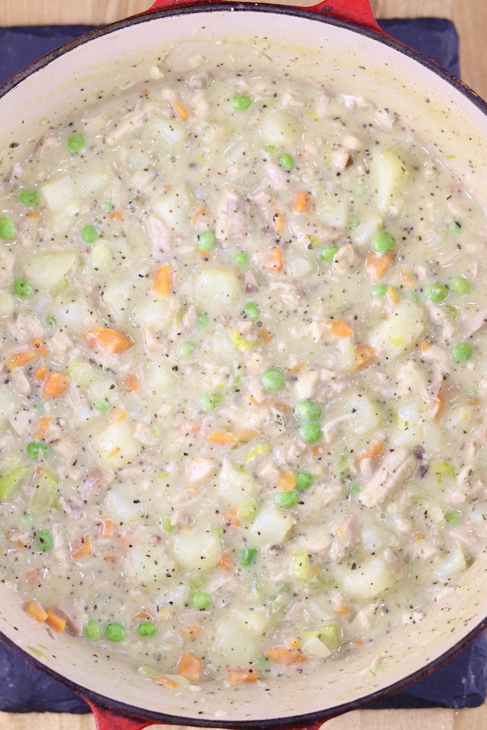 Creamy Chicken Pot Pie Soup in a dutch oven