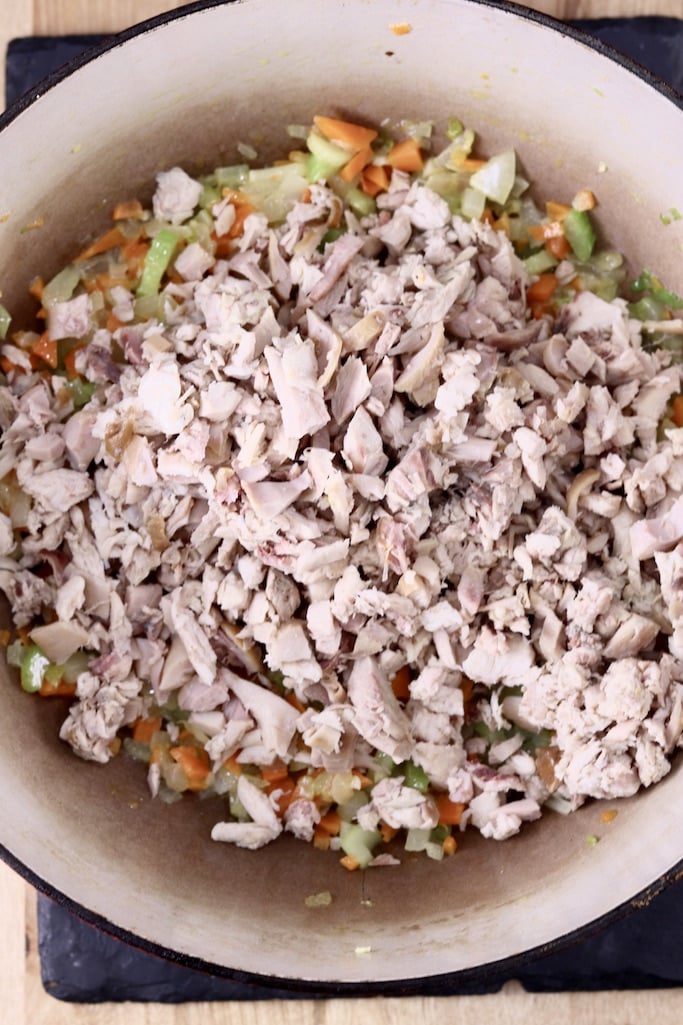 Chicken added to pan for soup