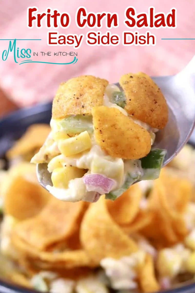 Frito Corn Salad on a spoon - text overlay.