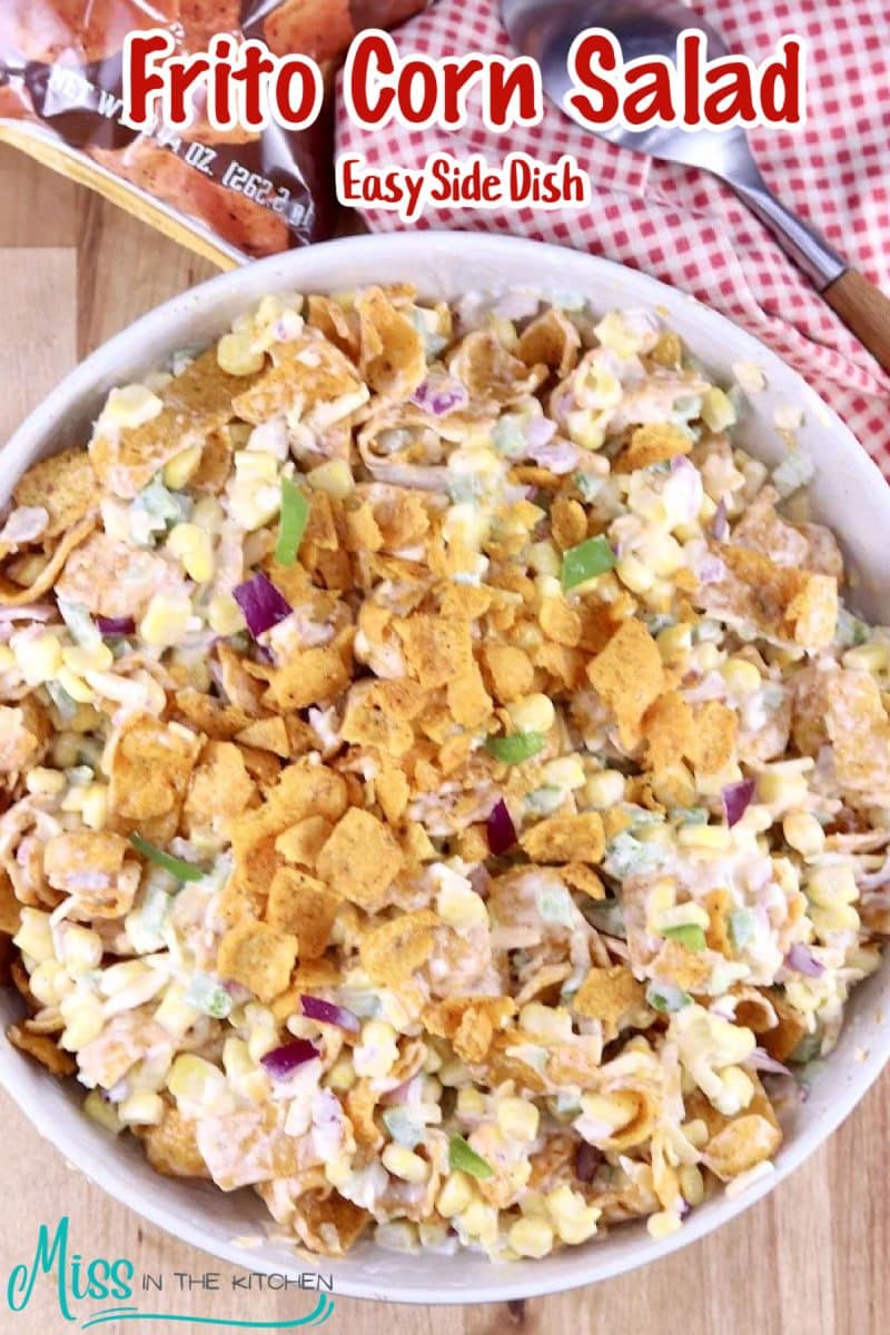 Bowl of frito corn salad - text overlay.