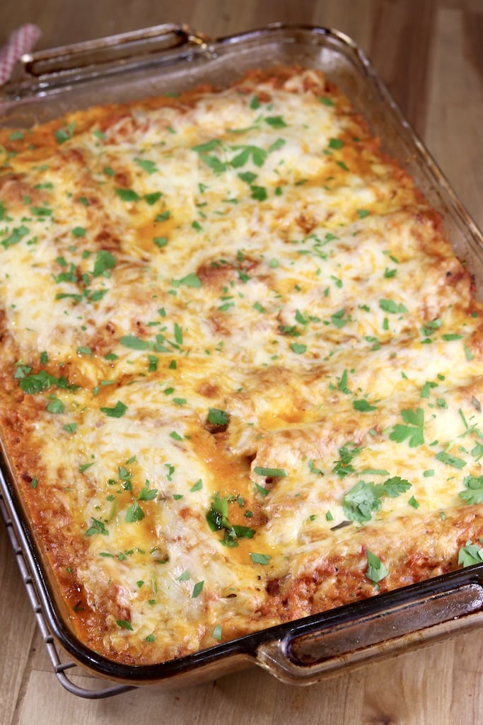 Pan of baked manicotti